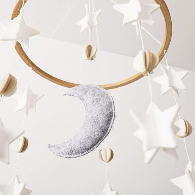 Baby Crib Mobile – Wooden Hanging Nursery Baby Mobile for Crib, Nursery Decor for Boys & Girls, Perfect Shower Gift, Moon & Stars (Grey, White & Cream) Also Fits Bassinets, Sorrel + Fern