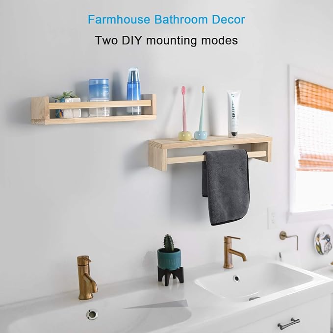 Nursery Book Shelves, Set of 2 Wood Floating Book Shelves for Kids Room, Kitchen Spice Rack, or Rustic Wall Mounted Shelves for Farmhouse Bathroom Décor (Natural Wood)