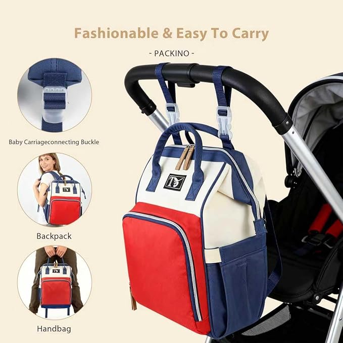 Packino Diaper Bag Backpack for Women - Multifunction Travel Essentials Baby Diaper Bag with Changing Pad, Large Backpack Baby Girl Boy, Insulated Bottle Holders & Stroller Straps (Red+Blue)