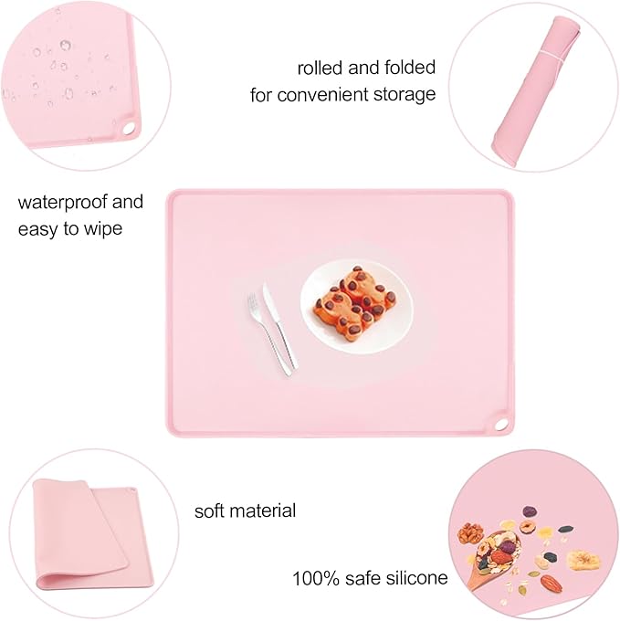 Pink Toddler Placemat-Non Slip Placemat for Girl Baby, Portable Food Mat Reusable Placemats for Travel and High Chairs Silicone Table Mat with Raised Edges-Easy to Clean(1Pack 19.7" x 15.7")