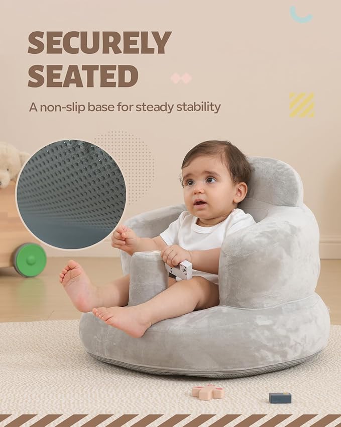 AGITVPS Velvet-Covered Inflatable Baby Seat with Built-in Pump | A Supportive Bumbo Seat for Babies 3-36 Months | Perfect for Learning to Sit, Feeding, Floor Time & Camping (Velvet Pillar-Gray)