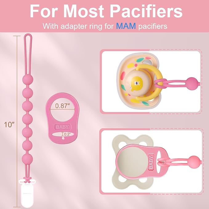 4-Pack Silicone Pacifier Clip with Adapter Ring Fits MAM Dummy, Soft Flexible Binky Holder for Button-Style Maam Dummies, Anti-Loss Paci Clips for Baby Girls, Xmas Gifts Baby Shower Essentials