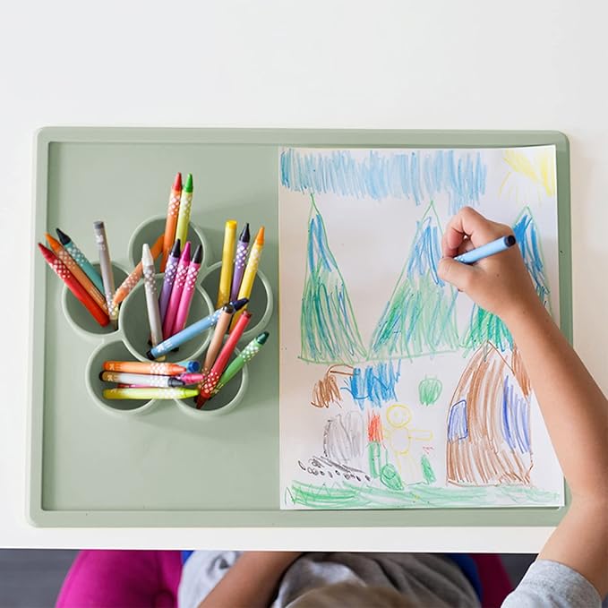 ezpz Play Mat for Baby + Toddler - 6 Months+ (Sage) - Suction Plate with Flower Compartments for Crafts, Painting, Sorting, Snack Time - Fits Standard Piece of Paper