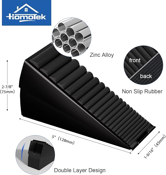 HOMOTEK Adjustable Tall Wedge Door Stopper, Heavy Duty Higher Door Stopper for Bottom of Door, Large Stainless Steel Door Stop Spring Non-Slip Rubber, Suit for Door Clearance of 0.2"-3", Black 2Pack
