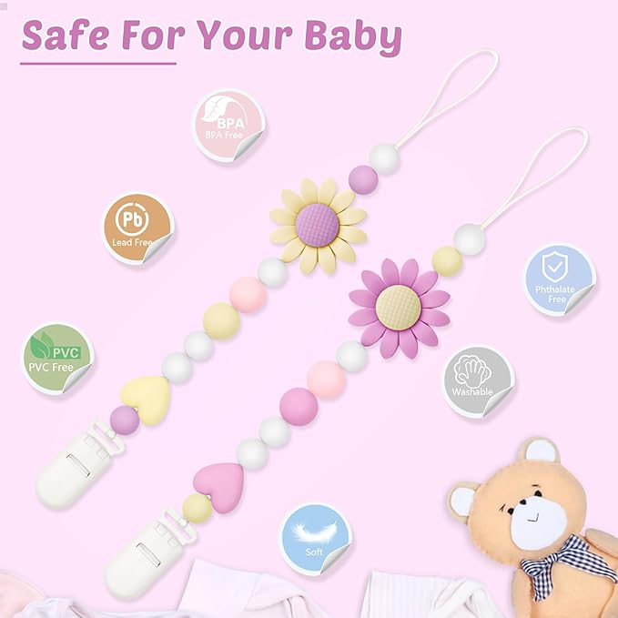 2 Pack Silicone Pacifier Clip for Boys and Girls, Features One-Piece Design Pacifier Strap with Clip, Adorable Sunflower Pacifier Holder for Baby Teethers and Toys