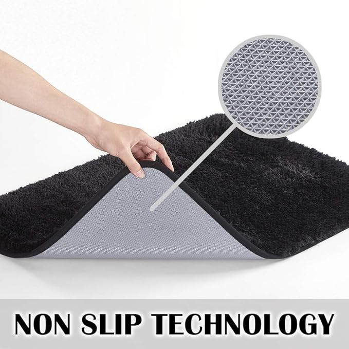 Suchtale Non Slip Bath Mat, Water Absorbent Soft Microfiber Shaggy Bath Mat, Machine Washable Thick Plush U Shape Toilet Rug (20 x 24, Black)