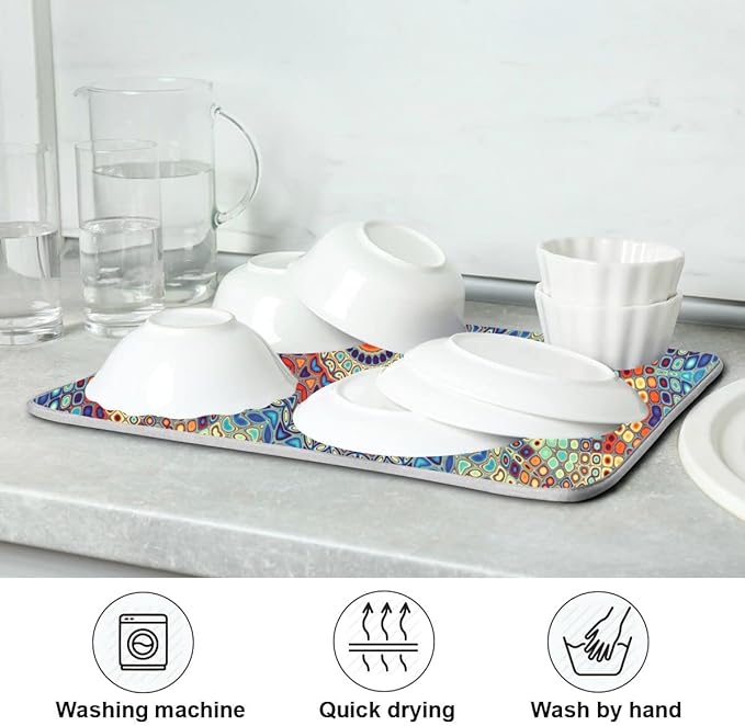 Bohemian Mandala Dish Drying Mat for Kitchen Counter Boho Ethnic Drying Mat 16 x 18 Inch with High Absorbent Reversible Microfiber Dish Drying Pad Dish Rack Pad Drainer Mat for Coffee Bar