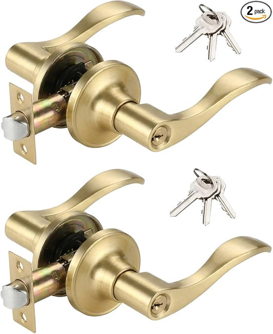 2 Pack of HENYIN Wave Lever Keyed Entry Door Lock/Door Knob Hardware Handle and Closet Lockset, Gold Color, with Key,Right Hand(805-G-R-2)