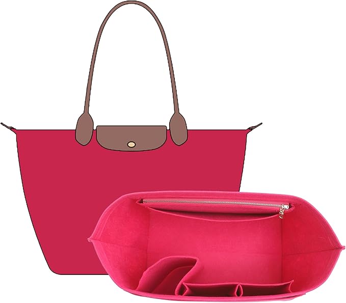 Felt Purse Organizer Insert Compatible with Longchamp Le Pliage Large and More, Zipper Long Champ Bag Organizer Insert with Cup Holder, 8 Compartments (Rose Red,L)