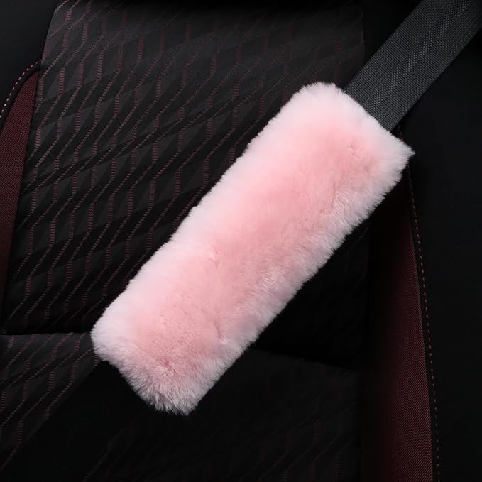 Fluffy Fuzzy Genuine Sheepskin Car Seat Belt Covers for Soft Auto Lambswool Seatbelt Pads, Shoulder Strap Cushion Adults Kids (2, Pink)