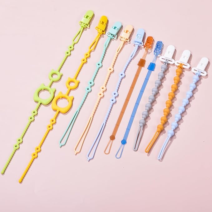 Pacifier Clips & Toy Straps 2-in-1 Combo: 10 Pack with Locking Clips | Extra Long Tethers for Stroller/Car Seat Toys + Short Leashes for Baby Pacifiers & Teethers | BPA Free Silicone (Multicolor 1)
