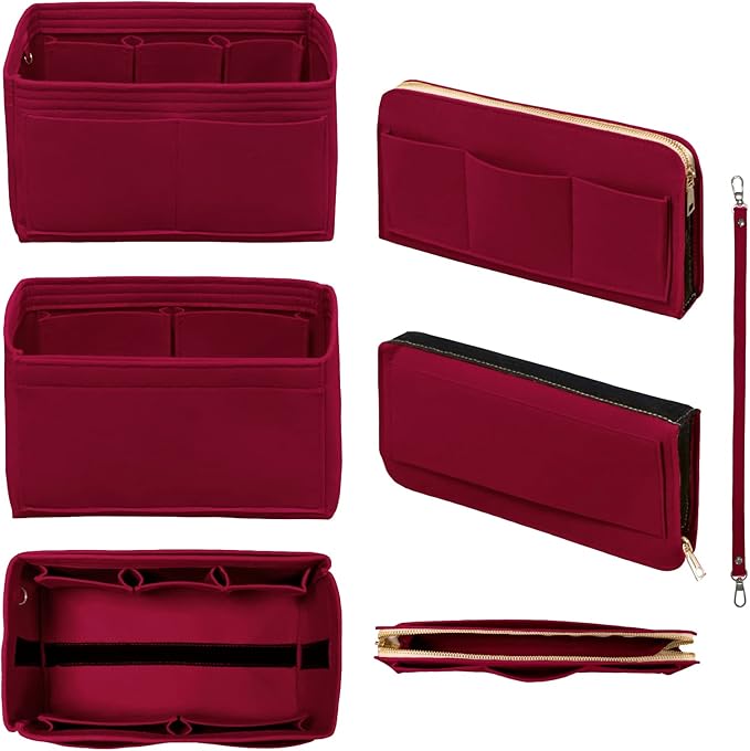 Purse Organizer Insert with Zipper Felt Bag Organizer Handbag Organizer Insert Bag in Bag Organizer with Key Chain for Tote Purse Bag Dark Red Small
