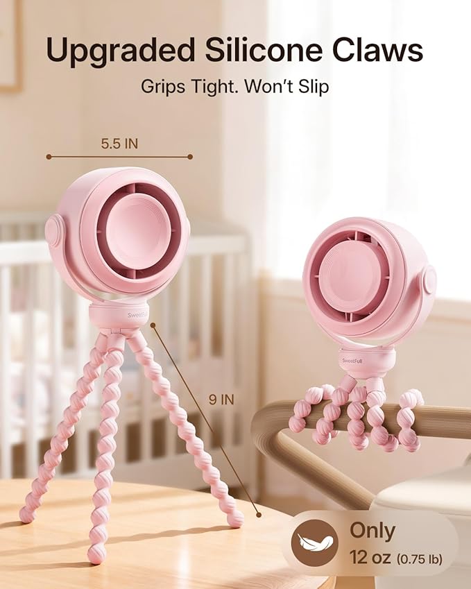 SWEETFULL Portable Stroller Fan, Pinch-Proof Baby Fan, 10H Battery, 5-Speed Quiet Mini Clip on Fan, USB-C Rechargeable with LED Display for Car Seat, Crib & Travel - Pink
