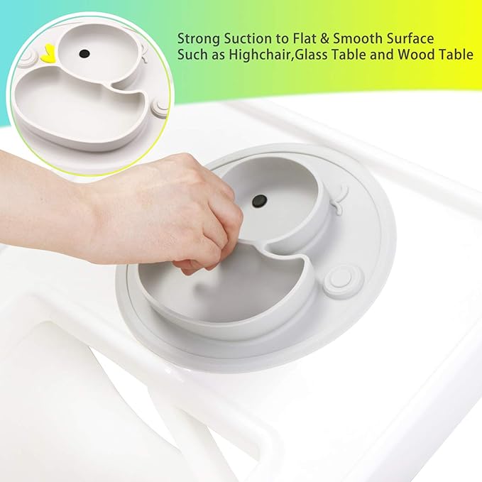 Baby Plate Silicone Toddler Plates Suction Placemat Divided Dishes for Kids and Infants One-Piece Strong Suction, BPA Free, Microwave Dishwasher Safe (Grey)