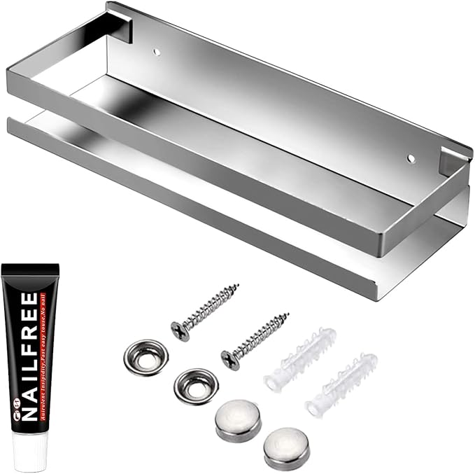 GEINIFAFA Rustproof Metal Storage Floating Shelves Wall Mounted Rectangular Shelf for Bedroom,Bathroom, Living Room, Kitchen, and Laundry Room,Nail-Free Wall-Mounted Shelves（11.8 Inch Silver）