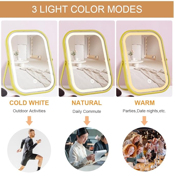 Rechargeable Vanity Mirror with Lights, Lighted Makeup Mirror with Lights,Smart Touch Control Dimmable 3 Modes Light