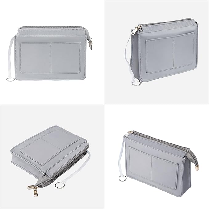 Vercord Purse Organizer Insert with Zipper for Women Hobo Handbags Shaper Insert 12 Pockets Bag Grey Small