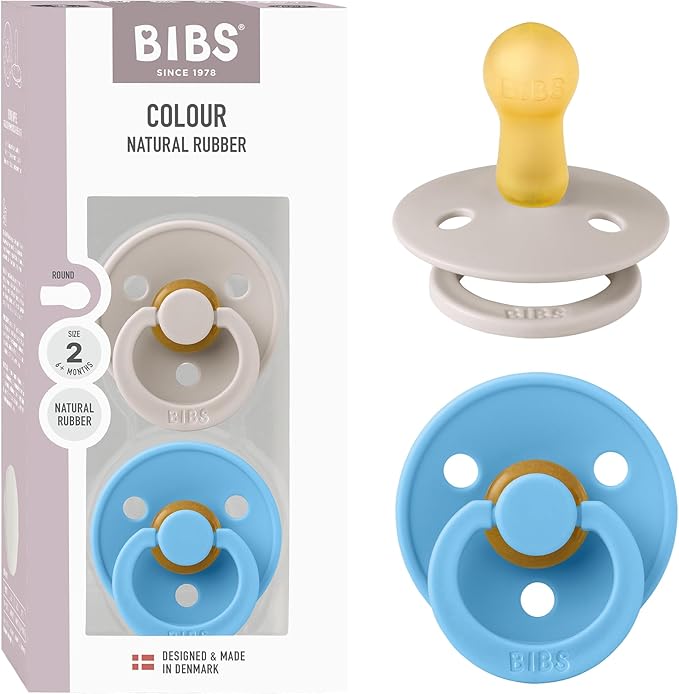 Bibs Colour Pacifier 2-Pack | BPA Free Soother, Round Nipple. Natural Rubber Latex,