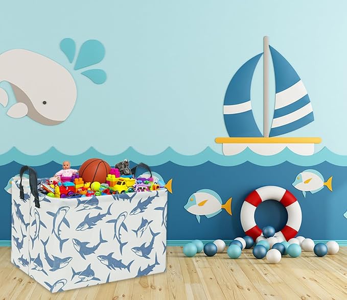 TIBAOLOVER Rectangular Shark Basket Kids Baby Storage Basket Cute Kids Toy Storage Bin Organizer Shelf Book Shark Room Decor(Blue Shark)