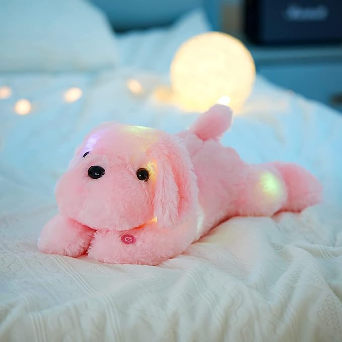 WEWILL 18'' Light up Pink Puppy Dog LED Stuffed Animal with Colorful Night Light Glow Soft Plush Toy Gifts for Kids on Christmas Birthday