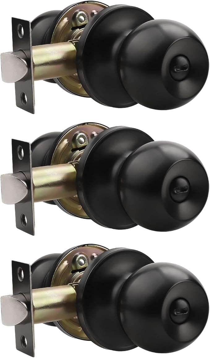 Knobonly 3 Pack Privacy Door Knobs Matte Black, Keyless Door Knobs Interior for Bedroom and Bathroom, Round Door Handles Stainless Steel, Classic Design