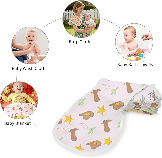 Spriggenix 6 Pack Western Burp Cloths Baby Boys Girls with Cowboy Pattern, Large Cotton Wild West Burp Rags for Newborns Gifts Nursery Decor Extra Soft and Absorbent 9.8X19.6inches