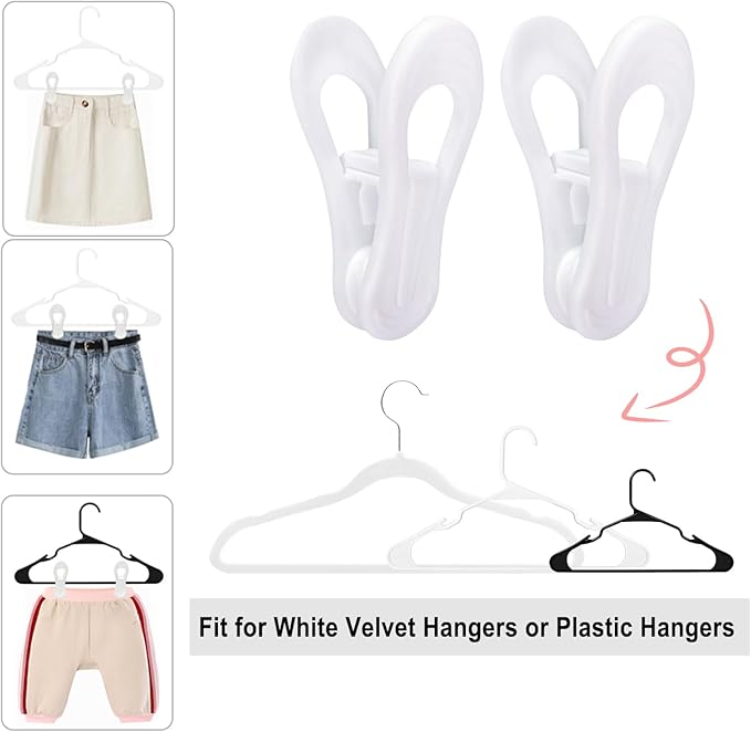 TOFIIGREM White Hanger Clips 60 Pack, Multi-Purpose Plastic Hangers Clips Perfect for Plastic Velvet Hangers, Clothes Pins Finger Clip for Skirt Pants