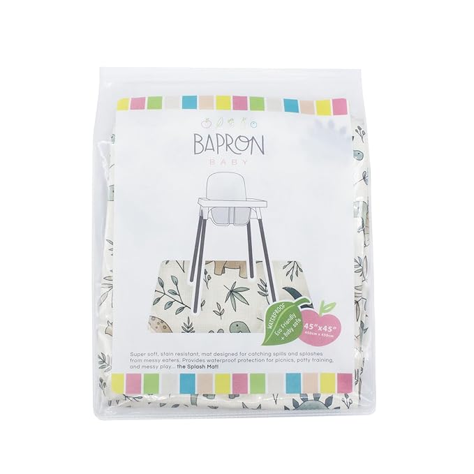 BapronBaby Foliage Dinos Splash Mat - Waterproof Catch-All for Under High Chairs, Floors, Tables, Playtime or Arts & Crafts - Machine Washable - 45" x 45”