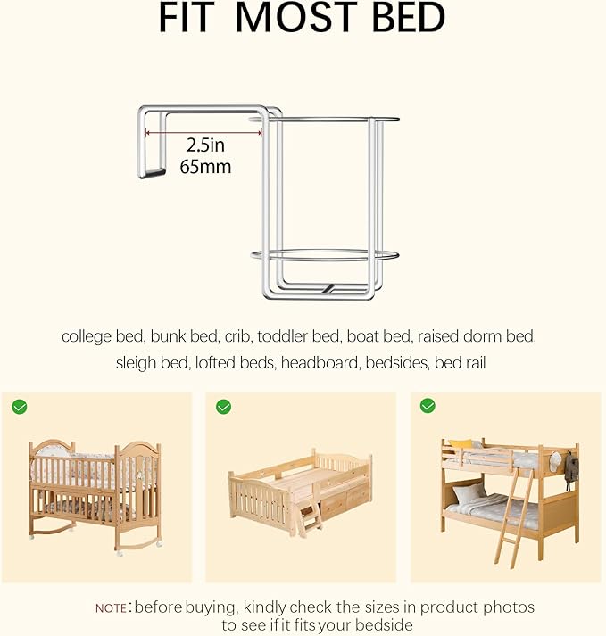 Bed Cup Holder(Diameter: 3.3IN) Drink Holder Water Bottle/Glass Organizer for 2.5 * 2.5" Square Columns Wood Dorm Room Bunk Bed Crib, Metal Toddle Bed,Loft Bedside, Headbed