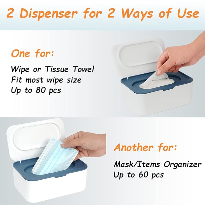 2 Pack Wipes Dispenser, Wipe Holder for Baby & Adult, Seposeve Refillable Wipe Container, Keeps Wipes Fresh, One-Handed Operation. Non-Slip, Easy Open/Close Wipes Pouch Case(2 Blue)