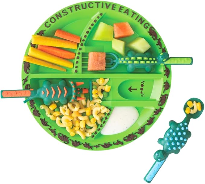 Constructive Eating Plate and Utensils Set - USA-Made Toddler Dinnerware with Divided Plates (Dinosaur)