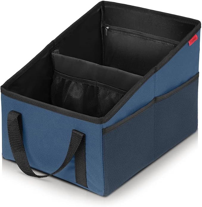 Car Seat Organizer - Passenger Seat Organizer, Collapsible Small Car Seat Storage Organizer for Console Front or Back, Automotive Backseat Organizer with Belt 4 Cup Holders for Kids Accessories, Blue