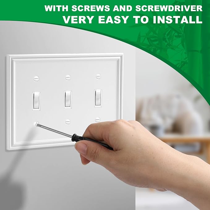 White Decorative Triple Toggle Light Switch Covers Wall Plate, Natural Material Switch Plate Covers - Modern Style (3 Gang Toggle 1 Pack)