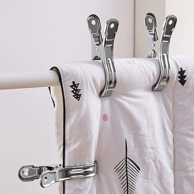 FOMMEN Outdoor Heavy Duty clothespins 10 Pack Large Stainless Steel Quilt Clips,Beach Towel Clips,Curtain Clamps,Rubber Tipped Metal Clothes