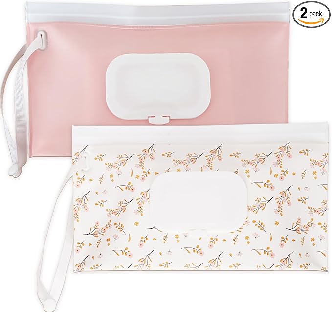 Wipe Dispenser and Wipes Container, 2 Pack Reusable Wipes Holder and Travel Wipes Case, Refillable Pouch for Baby Essentials, Pink & Leaf Design (pink)