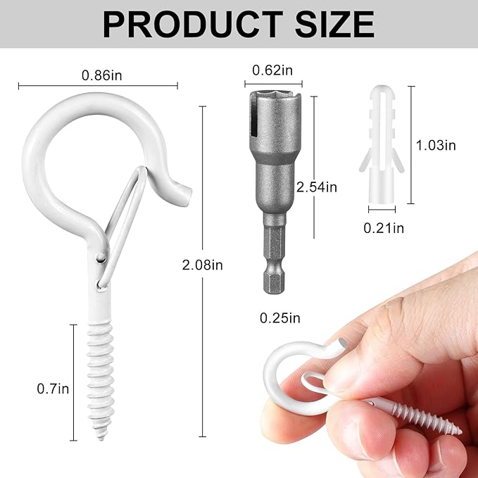 FSAH 24 PCS Q-Hanger Hooks, Screw Hooks for Outdoor String Lights, Safety Buckle Design Cup Eye Hook for Hanging Christmas Lights, Plants, Mounted on Wall Ceiling, Include 1 Wing Nut Driver, White