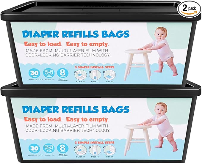 Diaper Pail Refills with 30 Bags Compatible with Genie Easy Roll Signature Diaper Pail and Platinum Diaper Pail, Hold Up to 1400 Newborn-Sized Diapers Per Refill,2 Packs(60Bags)