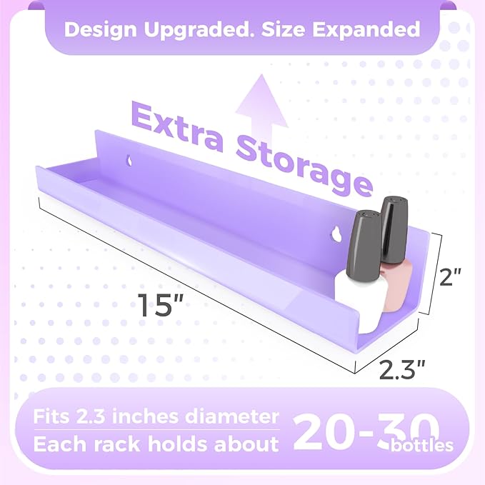 RORKIM 4 Pack 15 Inch Purple Acrylic Shelves, Kids Floating Bookshelf for Kids Room, Modern Nail Polish Rack Sunglasses Essential Oil Picture Ledge Display Toy Storage Wall Shelf