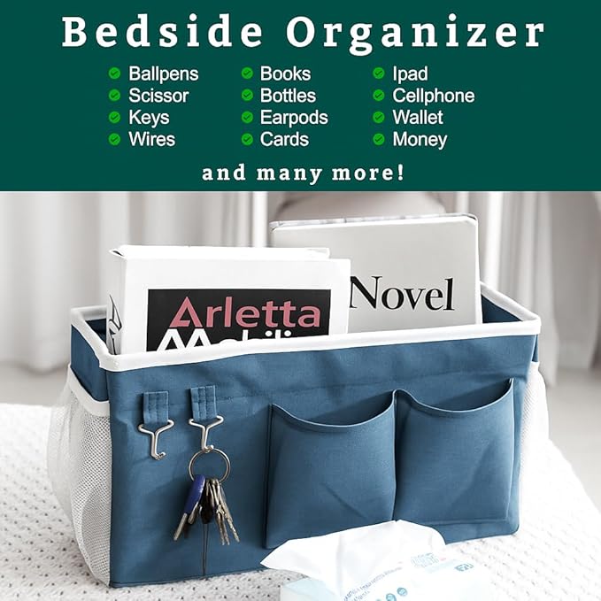 Bedside Caddy Organizer Hanging Storage Bag with Pockets for Books, Magazines, Phone, Tablet & Water Bottle – Bedside Storage for Dorm, Bunk Beds, Hospital Beds & Cribs,Blue