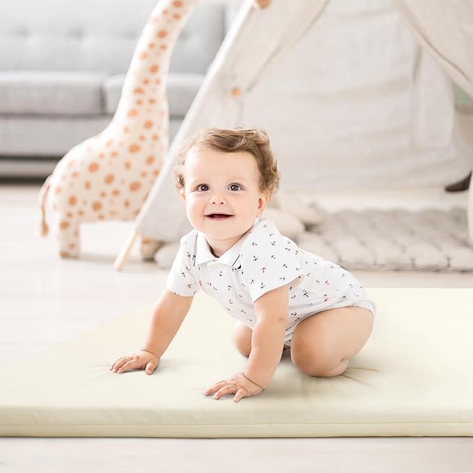 Baby Play Mat for Boy or Girl - 1.4" Extra Thick & Super Soft Vegan Leather Floor Mat, Waterproof & Anti-Slip Baby Crawling Mats, Playmats for Babies and Toddlers, Playpen Mat Fits Any Playroom, Beige