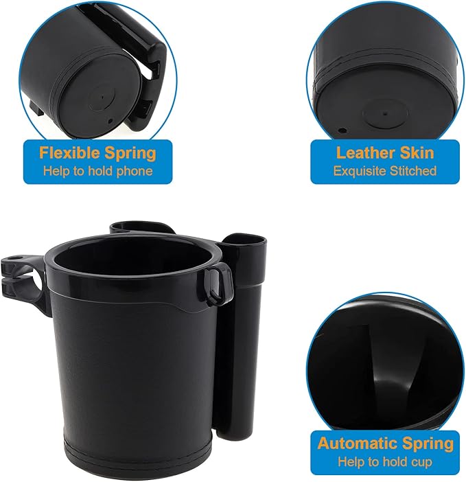 Tobefore Bike Cup Holder ABS+PU Leather with Phone Mount and Keys Hook，Adjustable Drink Holder for Bicycle Handlebar,Universal Coffee Cup Holder for Bicycle, Wheelchair, Scooter and Walker(Black)