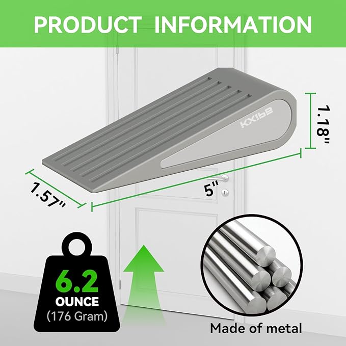 1 Pack Rubber Door Stopper Wedge - Grey Non-Slip Soft TPR High-Elastic & Zinc Alloy Metal Material Door Stops for Bottom of Heavy Duty Door Wall Protector for Home & School with Self Adhesive Holder