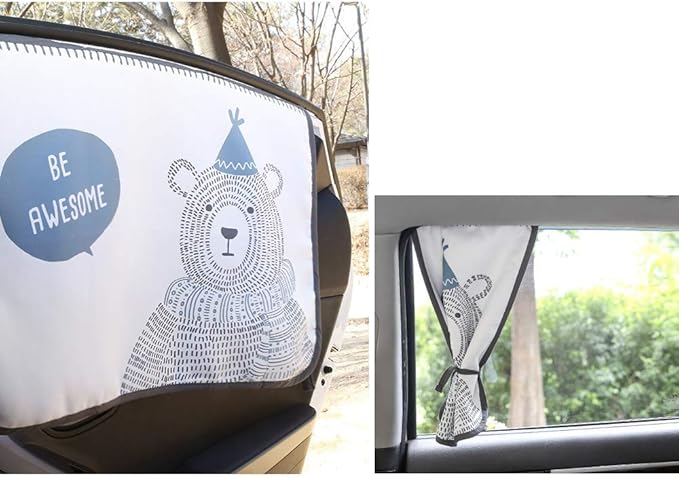 BEBEDECO Magnetic Car Sun Shade Curtain for Side Window – Sun Blocker and UV Protector for Baby, Kids, and Pets – Universal Fit with Built-in Magnets for Steel-Framed Door (Be-Awesome Bear)