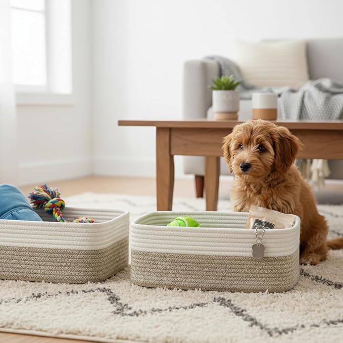Large Shallow Basket, Storage Baskets for Organizing 2 Pack, 15"x11"x5.1", Rope Basket for Shelves, Living Room, Nursery, Bedroom, Gift Basket, White & Mixed Brown