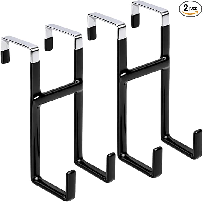 Over Door Hook, 2 Pack Over Door Hanger with Dual Hook Heavy Duty Metal Hanger with Non Slip Rubber Over The Door Organizer Hanger for Hanging Clothes Towels Hats Bags（Black ）