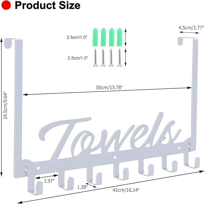 Azmoncy Over The Door Hooks, Towel Rack for Bathroom Towel Holder for Hanging Heavy Duty, Over Door Towel Hanger with 7 Coat Hooks for Bedroom Bathroom Kitchen Towels, Silver