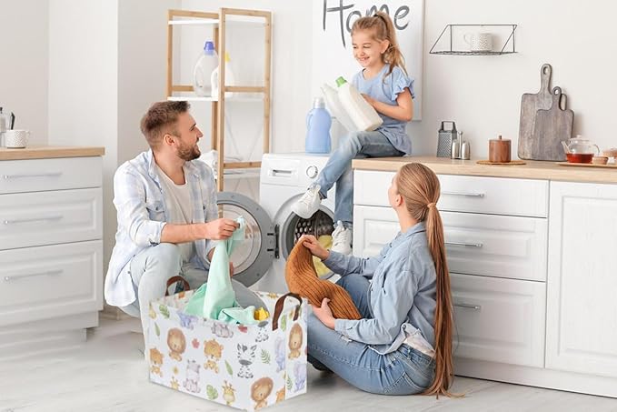 Sanjiaofen Rectangular Kids Storage Bins,Baby Baskets Organizer.Waterproof PE Coating Cute Basket with Handles.Woodland Nursery Decor,Toys Box,Books Basket, (Cute Animal)