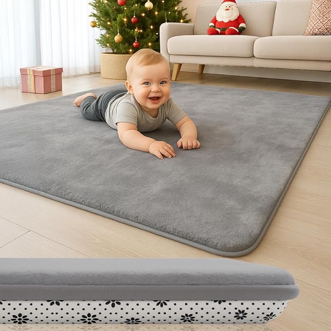 Baby Play Mat for Floor, 1.2″ Thick Foam 47X47 Playpen Mat, Ultra-Soft Velvet for Tummy Time & Crawling, Non-Slip Backing and Easy to Clean, Safe for Infants, Toddlers, and Kids (GRAY)