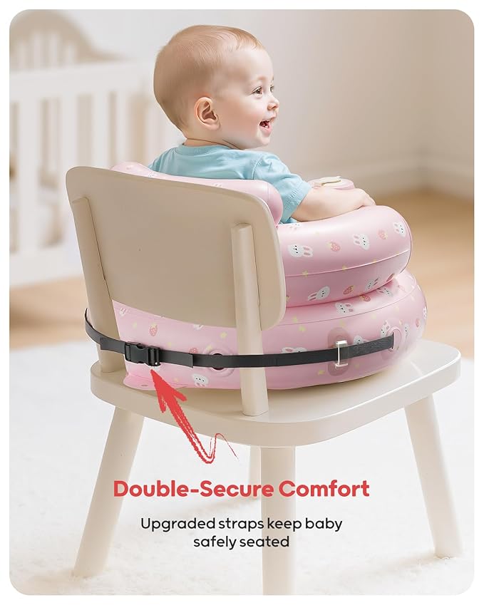 QPAU Inflatable Baby Seat with Safety Harness for Babies 3 Months & Up, Baby Floor Seats for Sitting Up, Baby Seats for Infants, Blow Up Baby Chair with Built in Air Pump (Pink Rabbit)