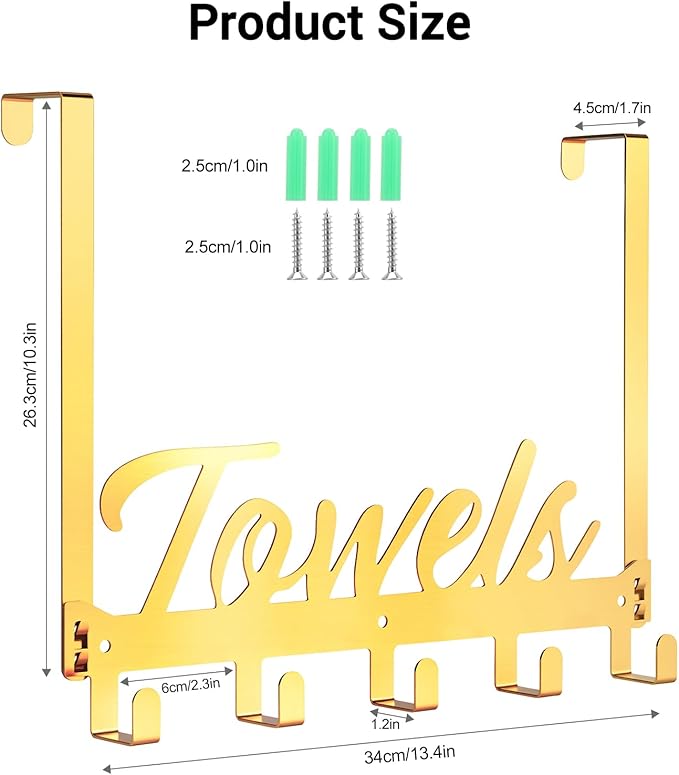Azmoncy Over The Door Hooks, Towel Rack Towel Hooks for Bathroom, Towel Holder for Hanging Heavy Duty, Door Rack Over Door Hanger with 5 Coat Hooks for Bedroom Bathroom Kitchen（Light Gold）